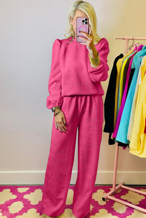 Solid Textured Puff Sleeve Wide Leg Pant Set
