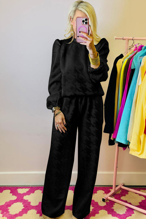 Solid Textured Puff Sleeve Wide Leg Pant Set