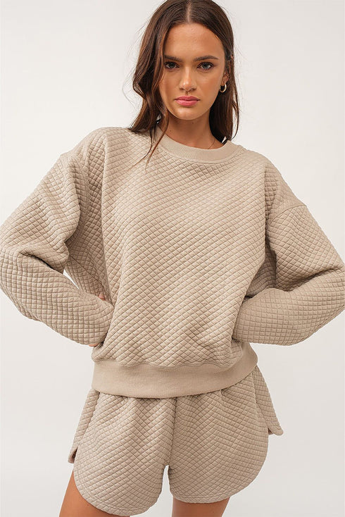 Solid Textured Quilted Long Sleeve Casual Short Set