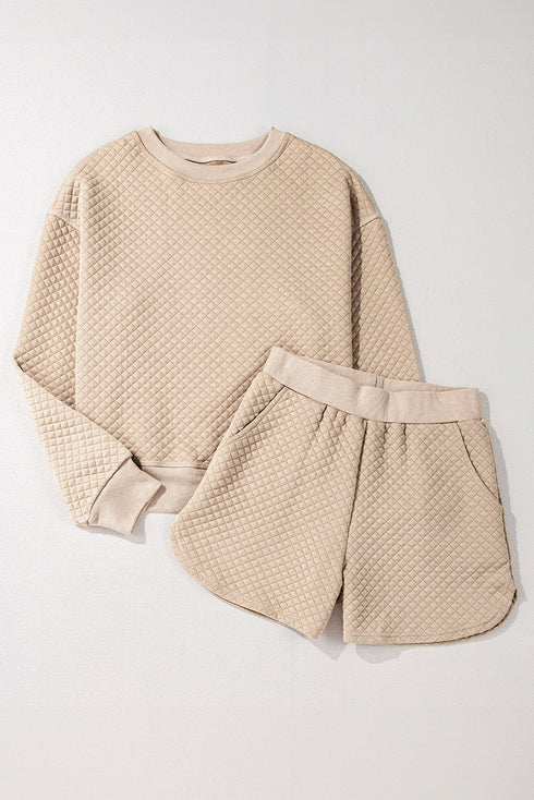 Solid Textured Quilted Long Sleeve Casual Short Set