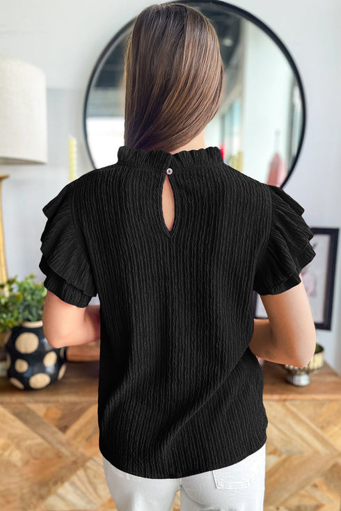 Solid Textured Ruffle Trim Short Sleeve Blouse