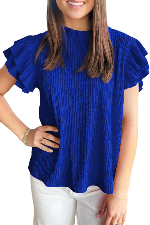 Solid Textured Ruffle Trim Short Sleeve Blouse