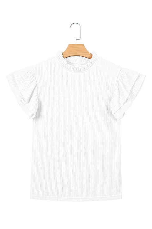 Solid Textured Ruffle Trim Short Sleeve Blouse