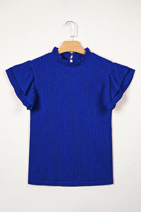 Solid Textured Ruffle Trim Short Sleeve Blouse