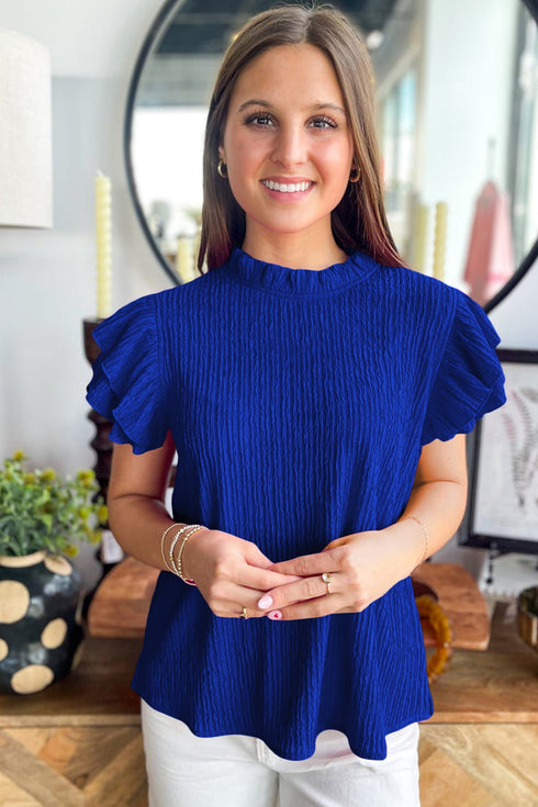 Solid Textured Ruffle Trim Short Sleeve Blouse