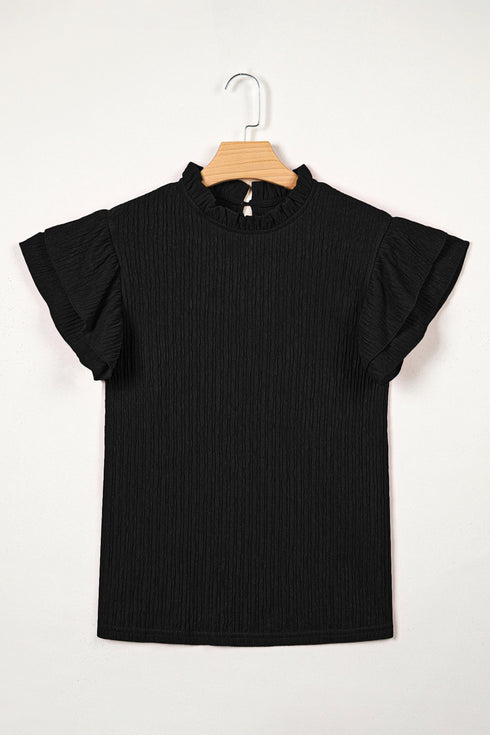 Solid Textured Ruffle Trim Short Sleeve Blouse