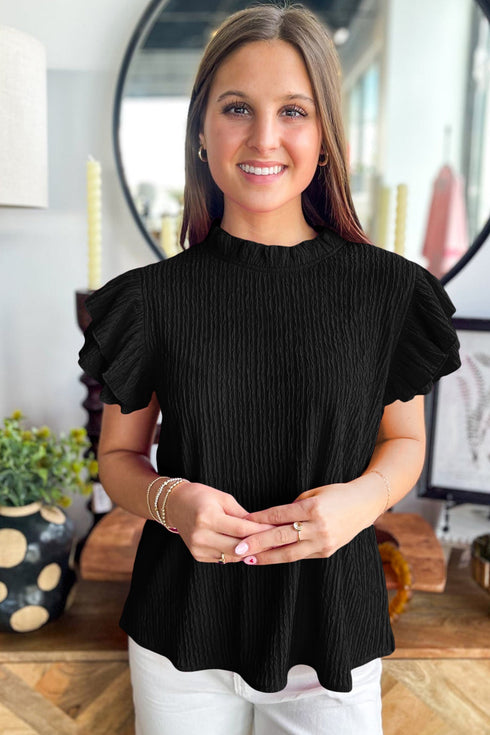 Solid Textured Ruffle Trim Short Sleeve Blouse