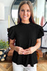 Solid Textured Ruffle Trim Short Sleeve Blouse