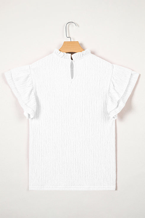 Solid Textured Ruffle Trim Short Sleeve Blouse