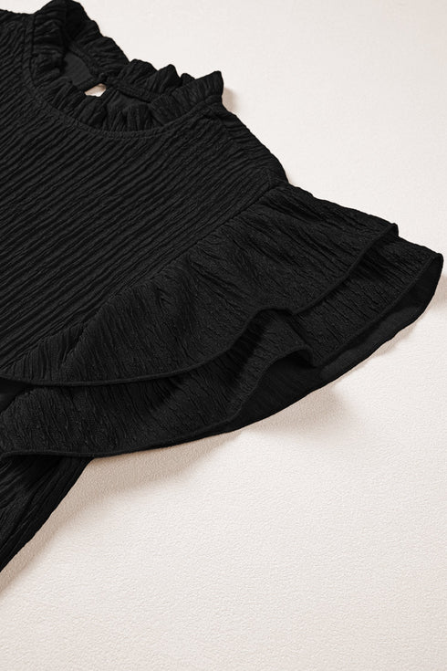 Solid Textured Ruffle Trim Short Sleeve Blouse