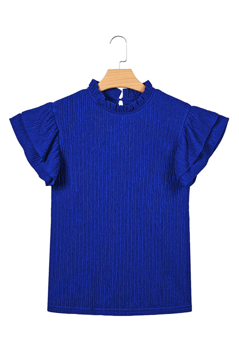Solid Textured Ruffle Trim Short Sleeve Blouse