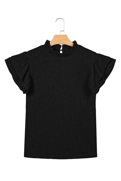 Solid Textured Ruffle Trim Short Sleeve Blouse