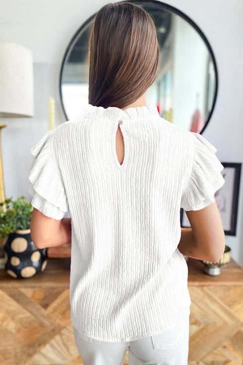 Solid Textured Ruffle Trim Short Sleeve Blouse