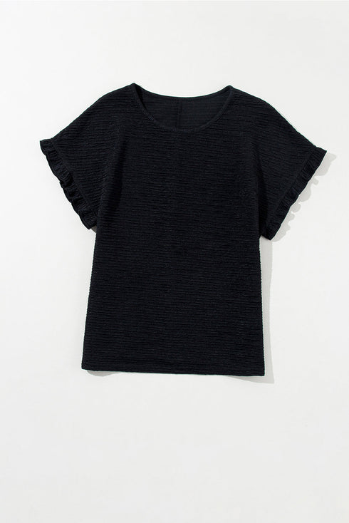 Solid Textured Ruffled Short Sleeve Blouse