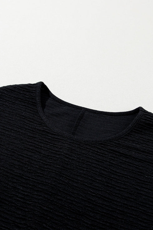 Solid Textured Ruffled Short Sleeve Blouse