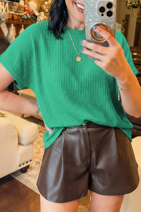 Solid Textured Waffle Knit Dolman Short Sleeve Top
