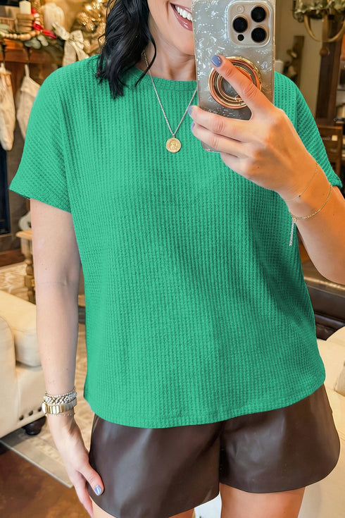 Solid Textured Waffle Knit Dolman Short Sleeve Top
