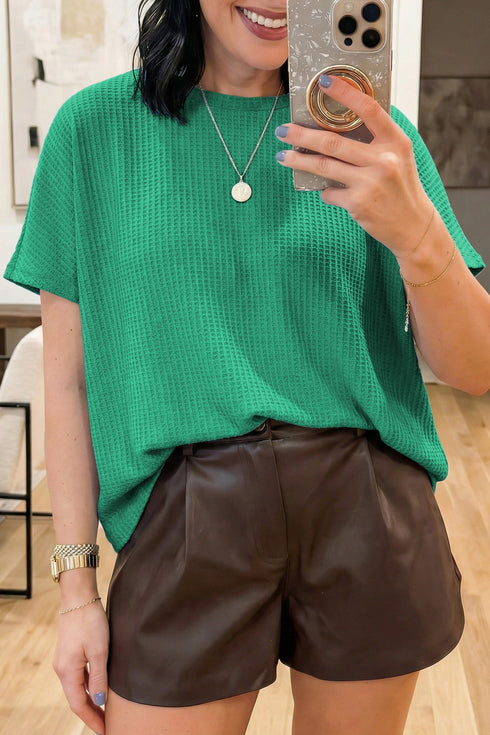 Solid Textured Waffle Knit Dolman Short Sleeve Top
