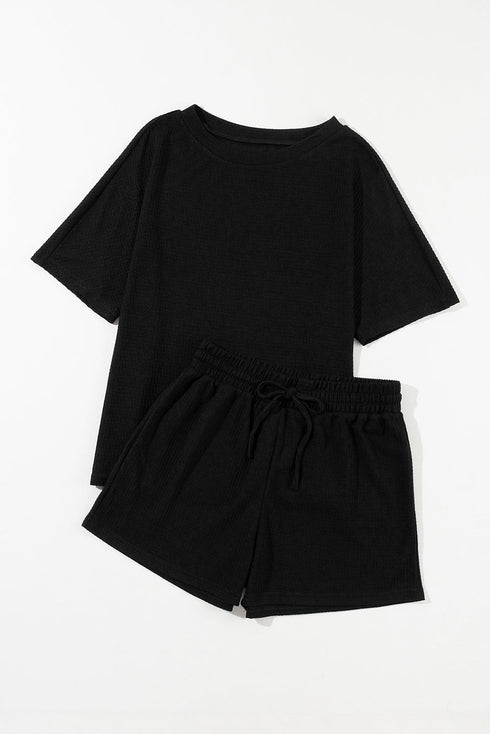 Solid Textured Waffle Knit Drawstring Casual Short Set