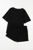 Solid Textured Waffle Knit Drawstring Casual Short Set