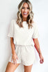 Solid Textured Waffle Knit Drawstring Casual Short Set
