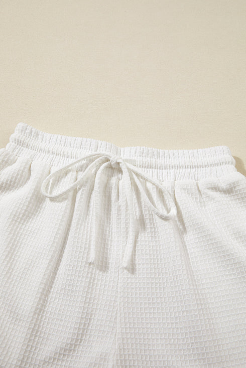 Solid Textured Waffle Knit Drawstring Casual Short Set