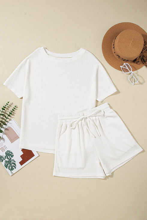 Solid Textured Waffle Knit Drawstring Casual Short Set