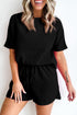Solid Textured Waffle Knit Drawstring Casual Short Set