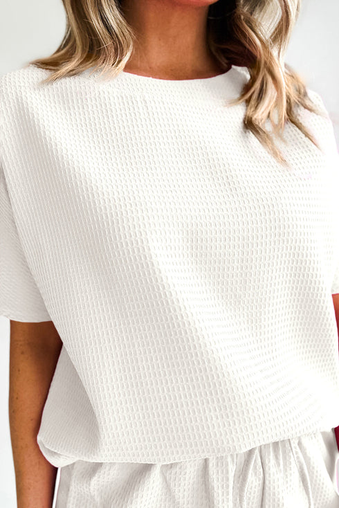 Solid Textured Waffle Knit Drawstring Casual Short Set