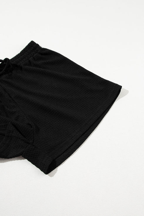 Solid Textured Waffle Knit Drawstring Casual Short Set