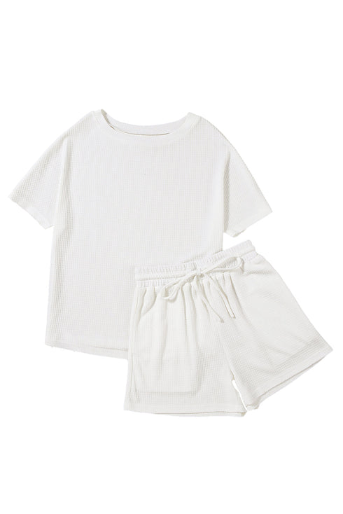 Solid Textured Waffle Knit Drawstring Casual Short Set