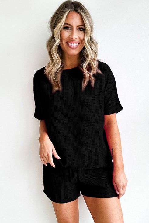 Solid Textured Waffle Knit Drawstring Casual Short Set