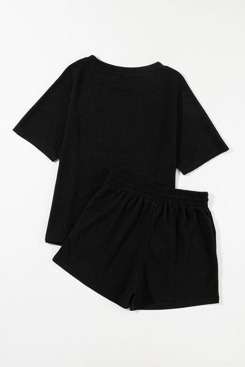 Solid Textured Waffle Knit Drawstring Casual Short Set