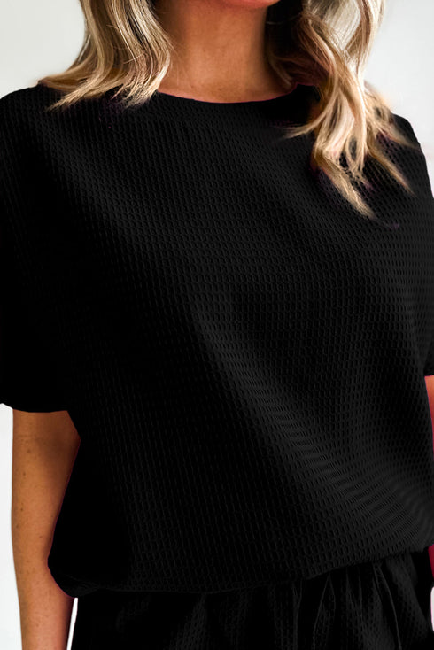 Solid Textured Waffle Knit Drawstring Casual Short Set