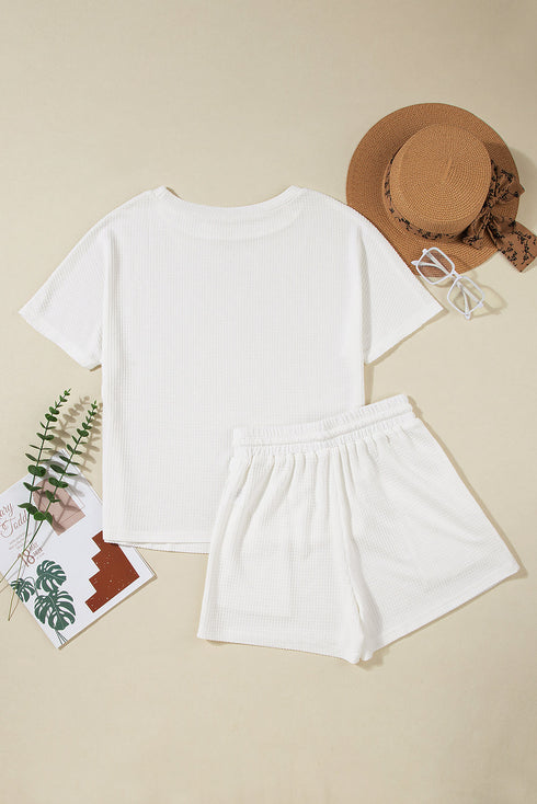 Solid Textured Waffle Knit Drawstring Casual Short Set