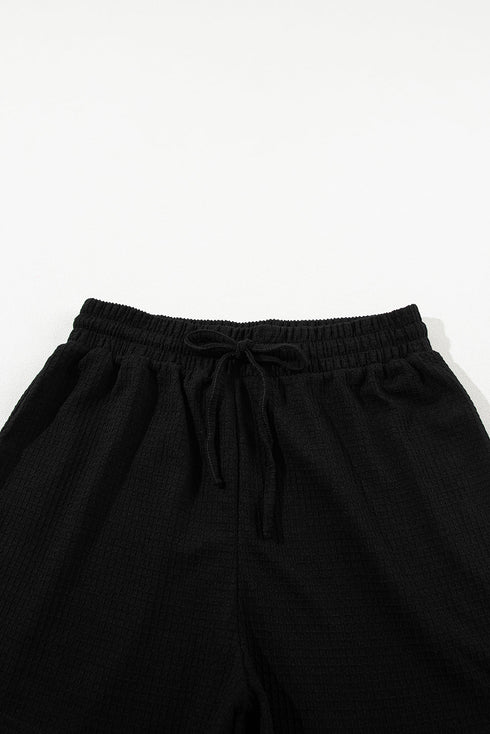 Solid Textured Waffle Knit Drawstring Casual Short Set