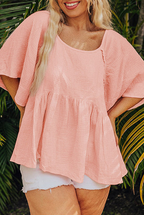 Solid Textured Wide Short Sleeve Babydoll Blouse