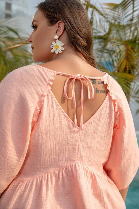 Solid Textured Wide Short Sleeve Babydoll Blouse