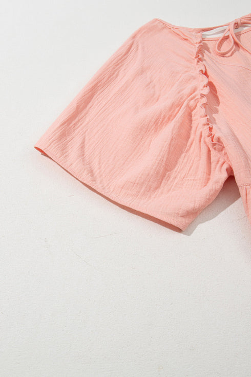 Solid Textured Wide Short Sleeve Babydoll Blouse