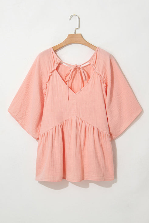 Solid Textured Wide Short Sleeve Babydoll Blouse