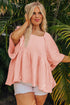 Solid Textured Wide Short Sleeve Babydoll Blouse