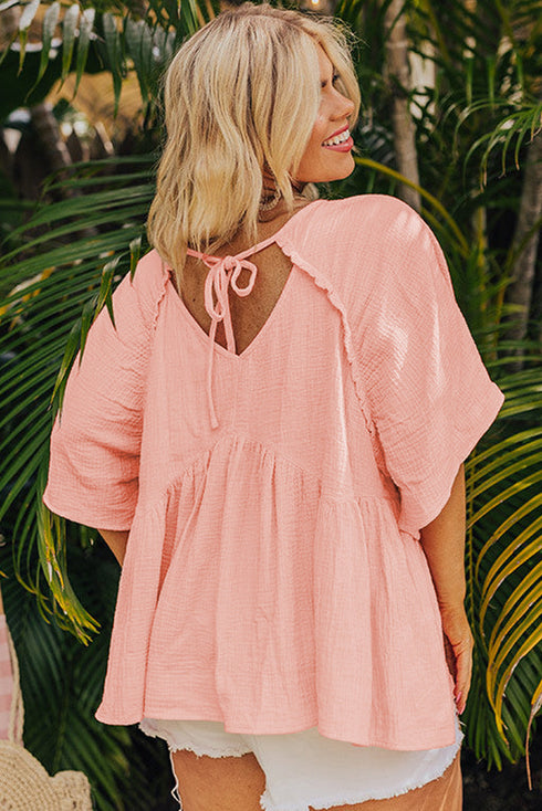 Solid Textured Wide Short Sleeve Babydoll Blouse