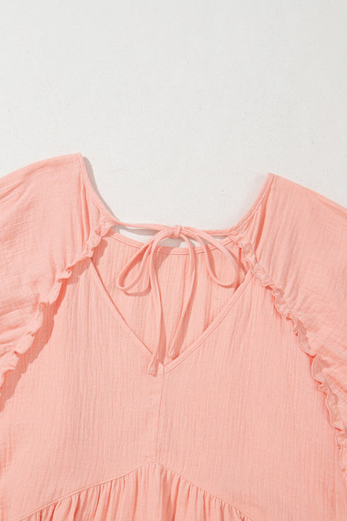 Solid Textured Wide Short Sleeve Babydoll Blouse