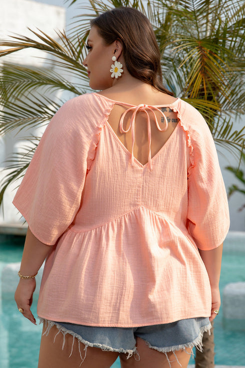 Solid Textured Wide Short Sleeve Babydoll Blouse