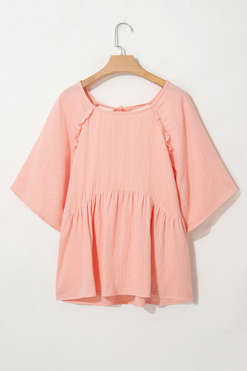 Solid Textured Wide Short Sleeve Babydoll Blouse