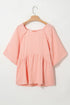 Solid Textured Wide Short Sleeve Babydoll Blouse