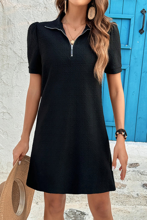 Solid Textured Zip Collar Shift Polo T Shirt Dress
