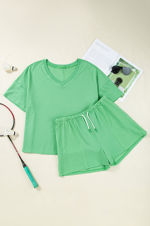 Solid V Neck Pocket Tee And Shorts Loungewear Set
