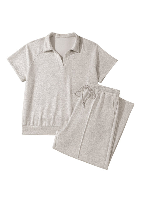 Solid V Neck Polo And Drawstring Pants Loungewear Set