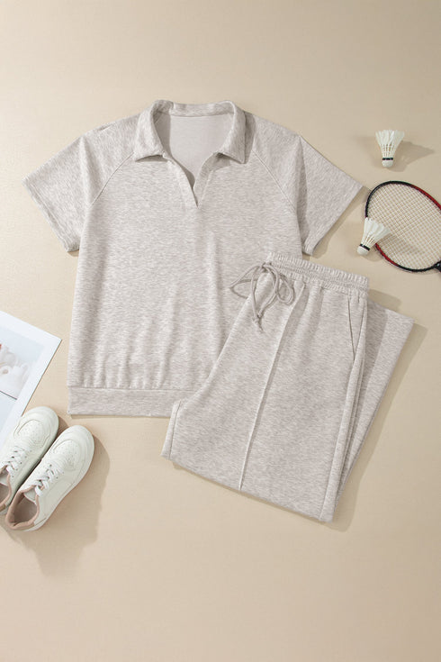 Solid V Neck Polo And Drawstring Pants Loungewear Set